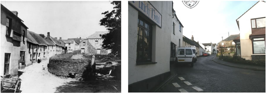 The Punch Bowl Inn on the left and the Tithe Barn on the right
